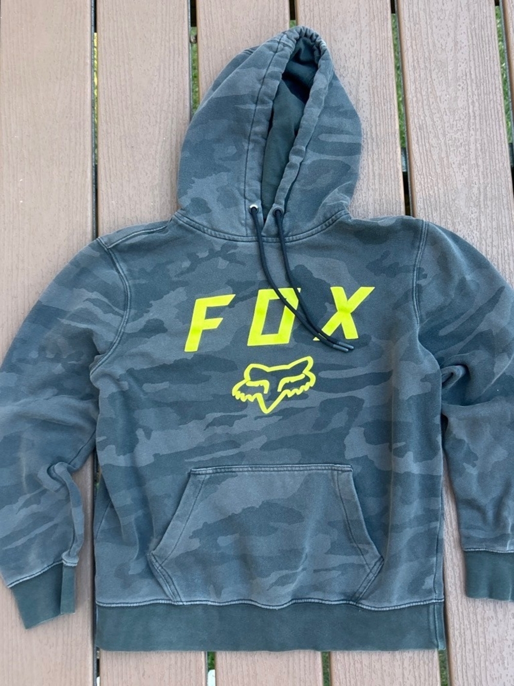 Fox Men's Gray Camouflage Hoodie with Neon Yellow Logo